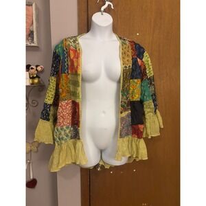 Gypsy Rose Patchwork Kimono Jacket Women Free Size Ruffle Sleeve Boho Hippie